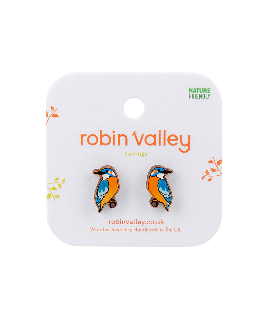 Hand-painted Kingfisher Wooden Stud Earrings