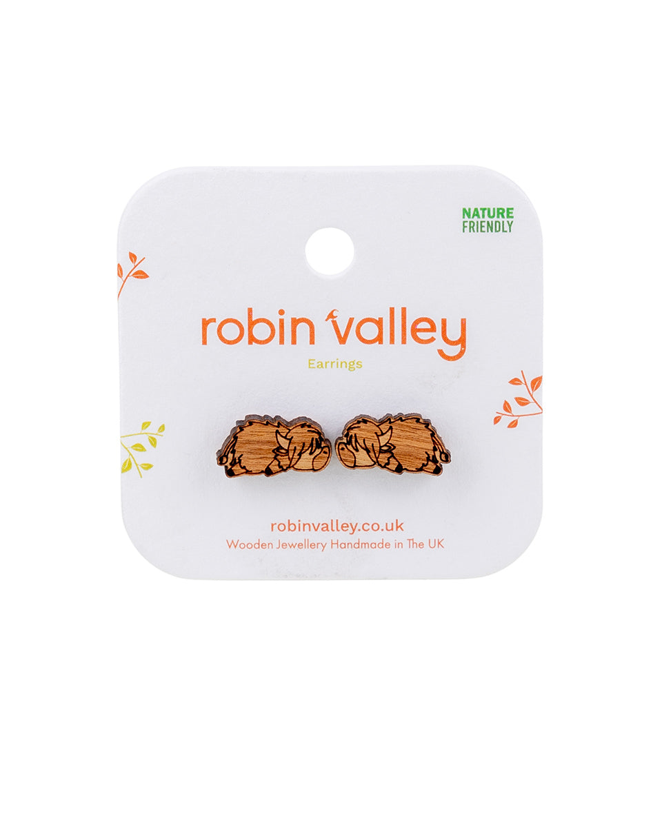 Sleeping Highland Cow Wooden Earrings