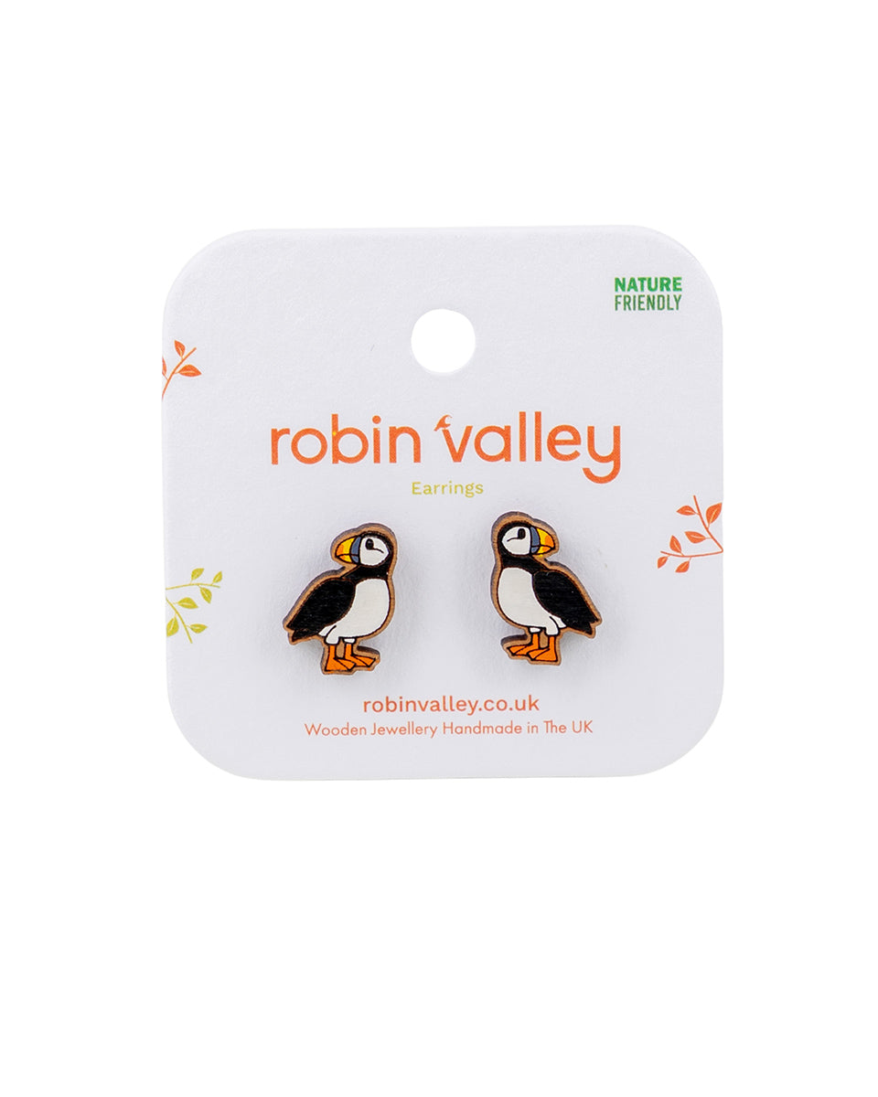 Hand-painted Puffin Bird Earrings Wooden Studs