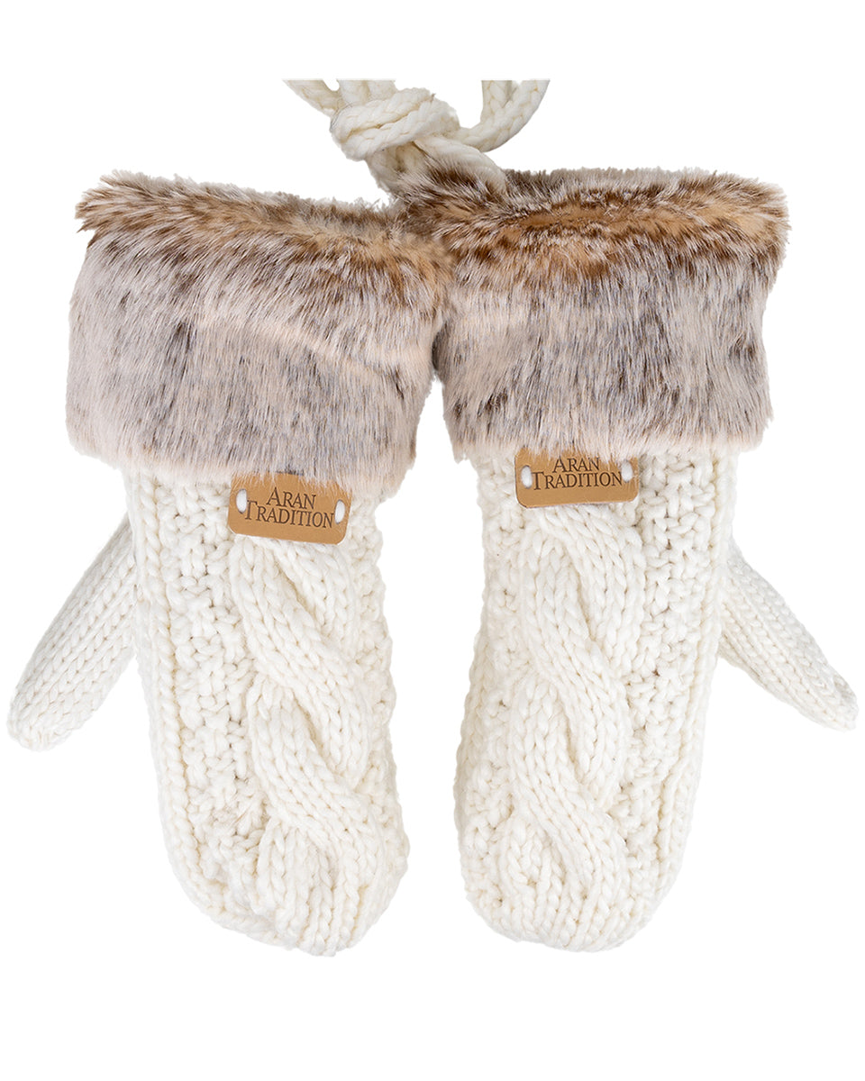 Cream Knitted Mittens - Fur Trim