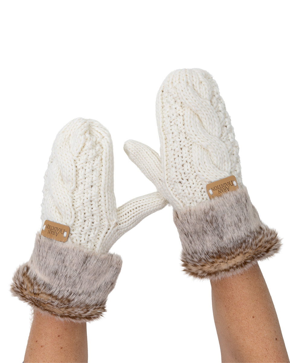 Cream Knitted Mittens - Fur Trim