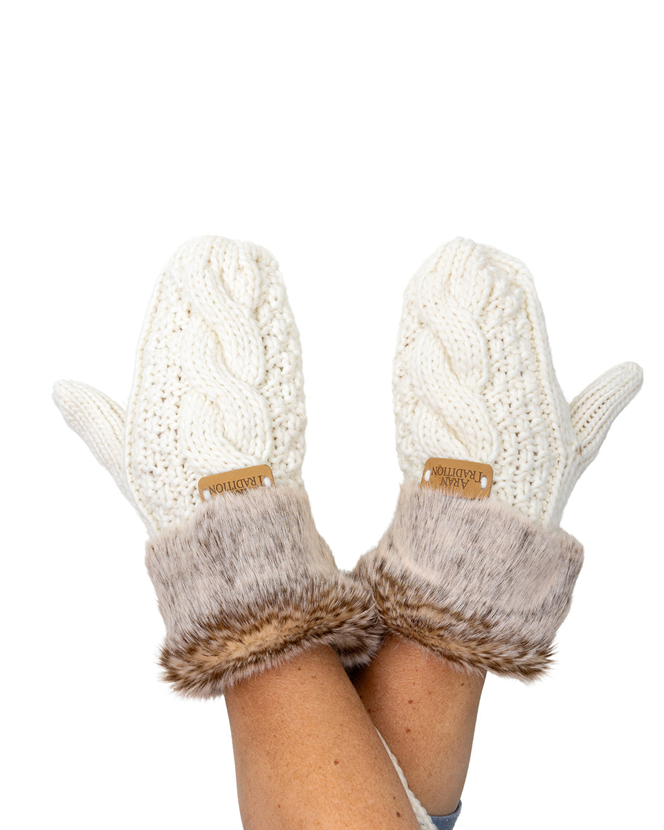 Cream Knitted Mittens - Fur Trim