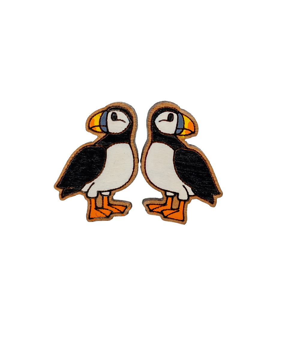 Hand-painted Puffin Bird Earrings Wooden Studs