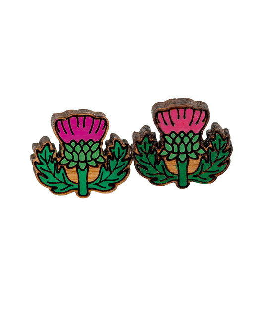 Thistle Flower Cherry Wood Stud Earrings