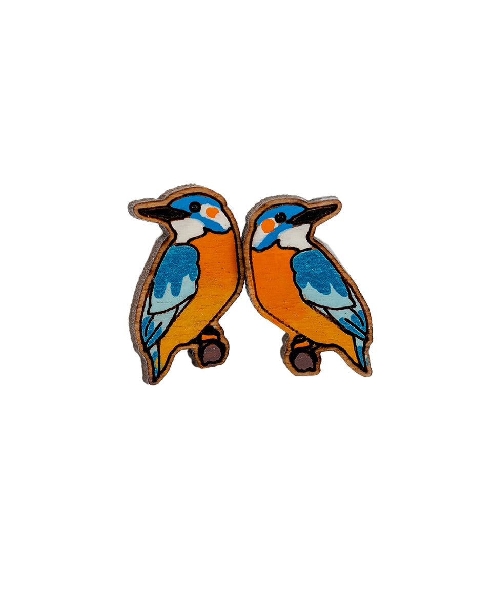 Hand-painted Kingfisher Wooden Stud Earrings