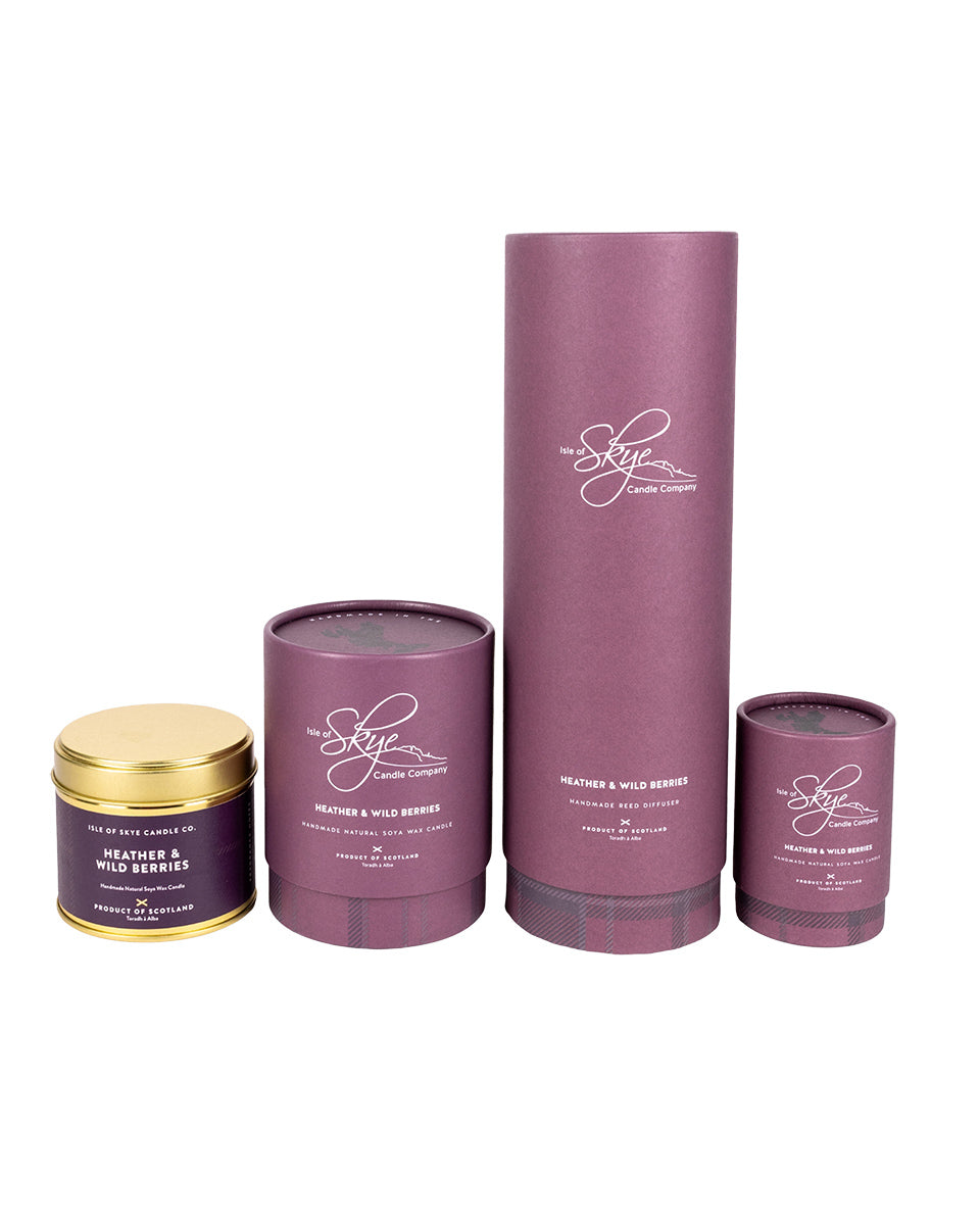 Set of candle and diffuser containers with 'Isle of Skye Candle Company' branding on a white background