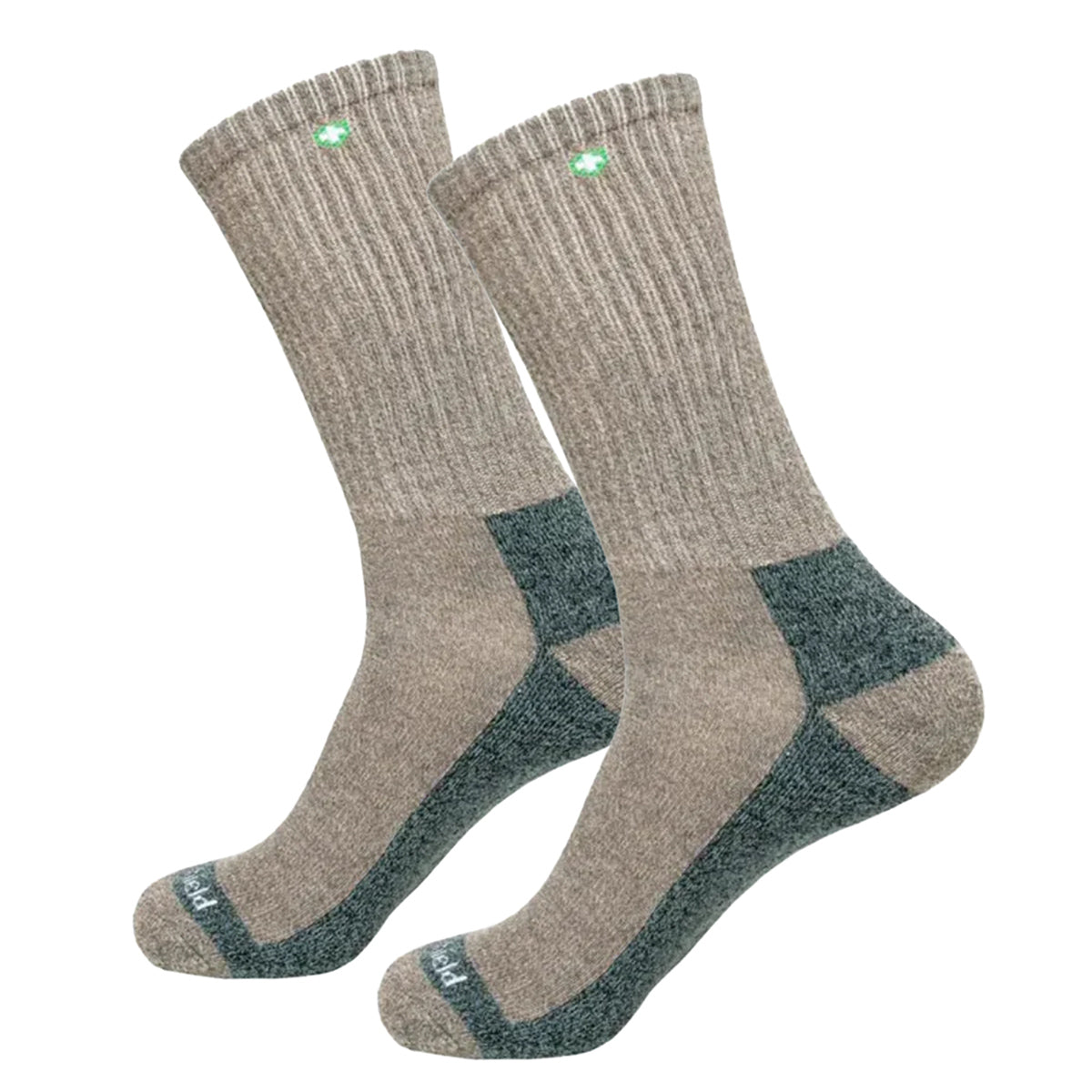Pair of Insect Shield brown and green socks on a white background