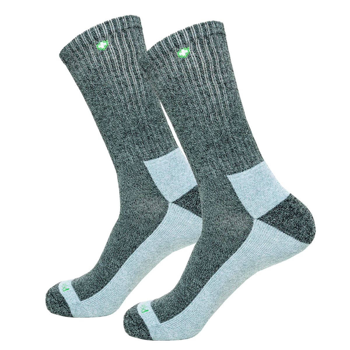 Pair of Insect Shield gray and light blue socks on a white background