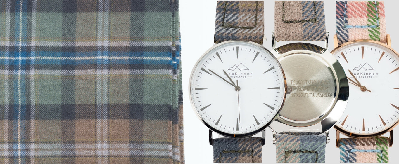 Three Mackinnon Highlands Watches with plaid straps on a plaid fabric background