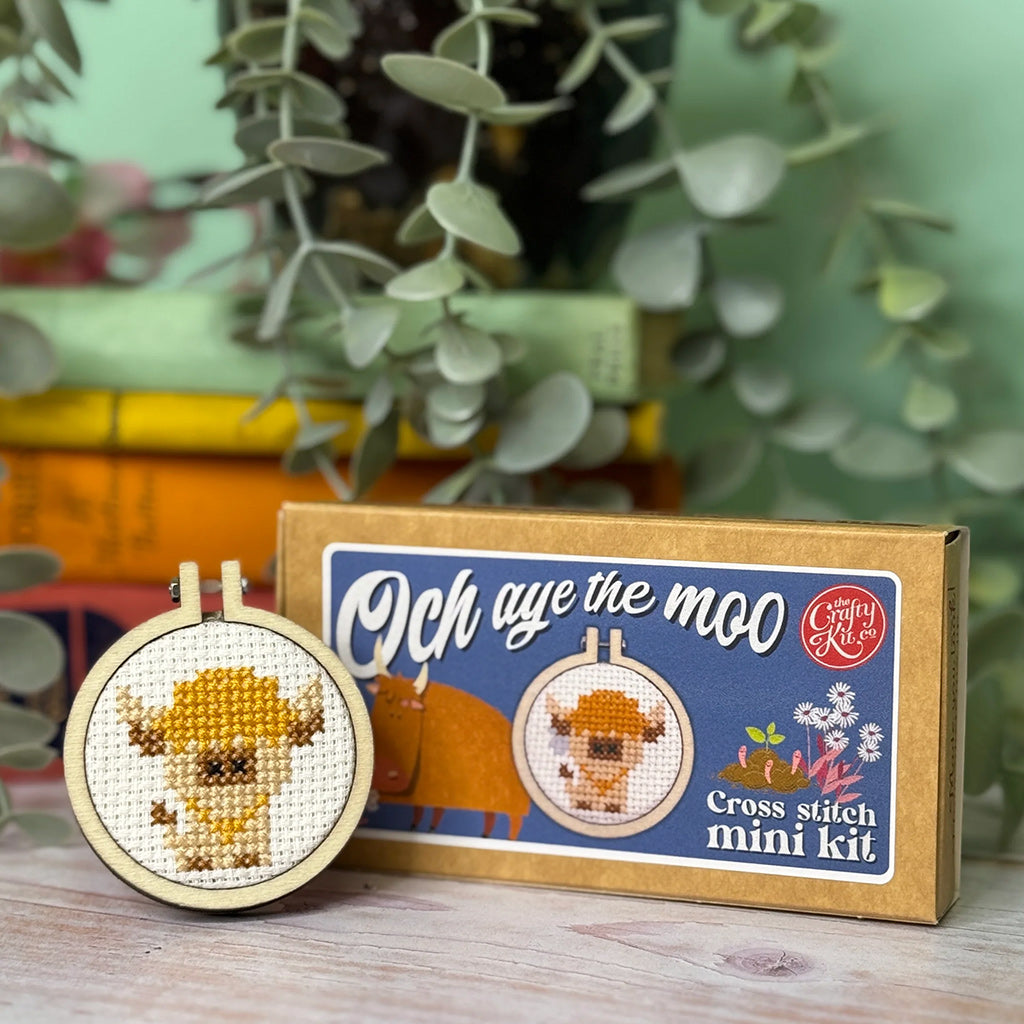Cross stitch mini kit with a small embroidery hoop and packaging on a wooden surface with plants in the background.
