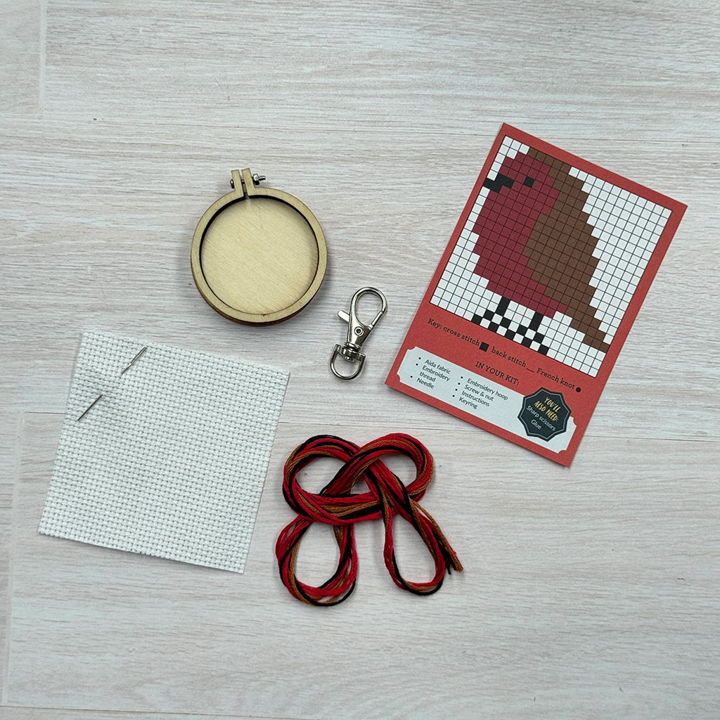Embroidery kit with hoop, thread, needle, and pattern on a wooden surface
