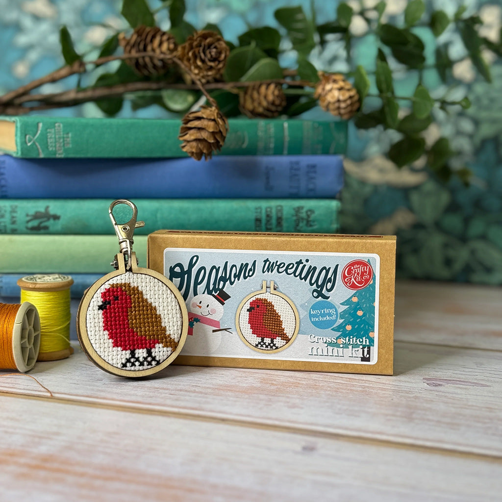 Cross-stitched robin keychain with packaging on a wooden surface with books and plants in the background