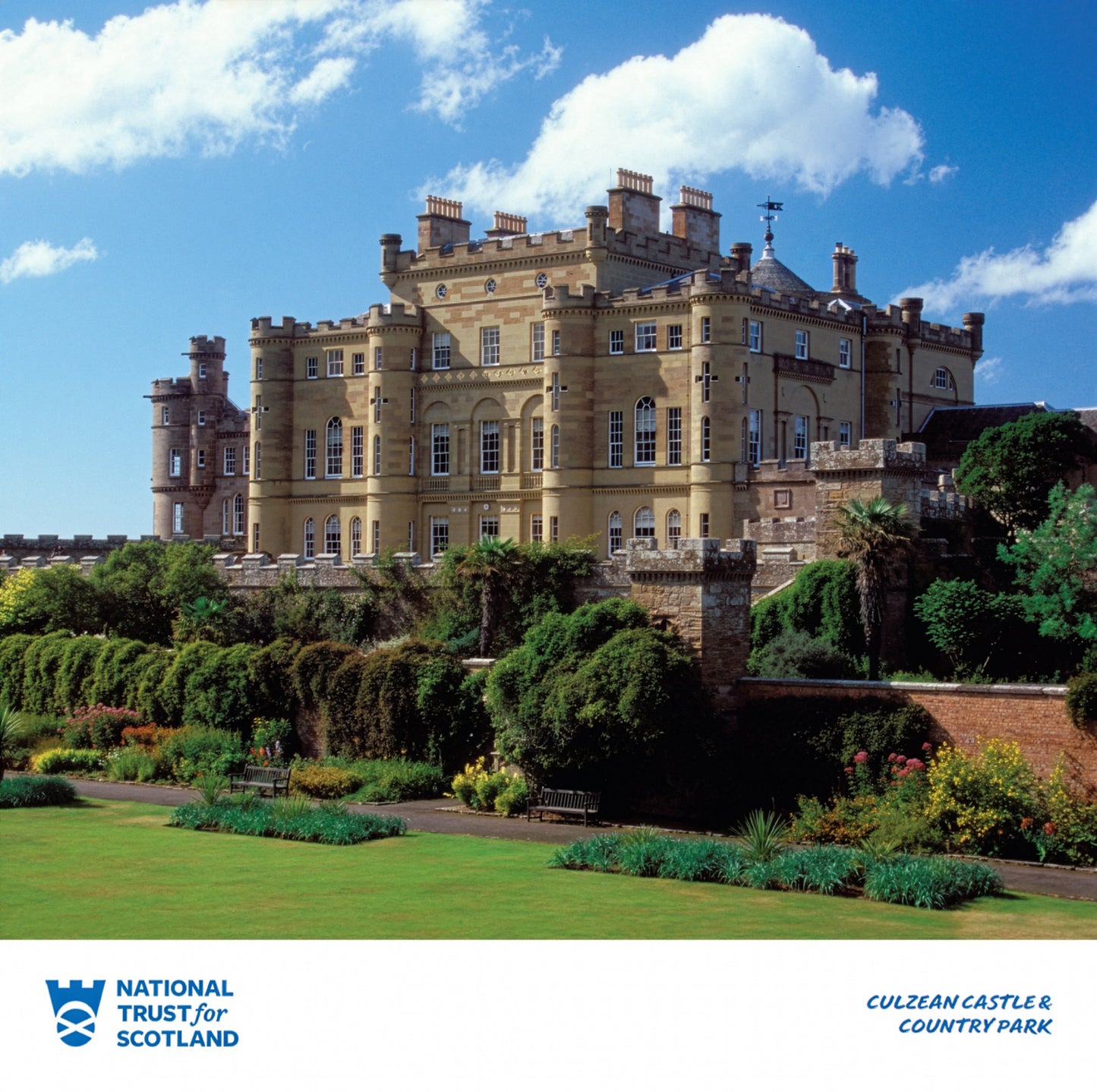Culzean castle with gardens and blue sky, featuring the National Trust for Scotland logo.