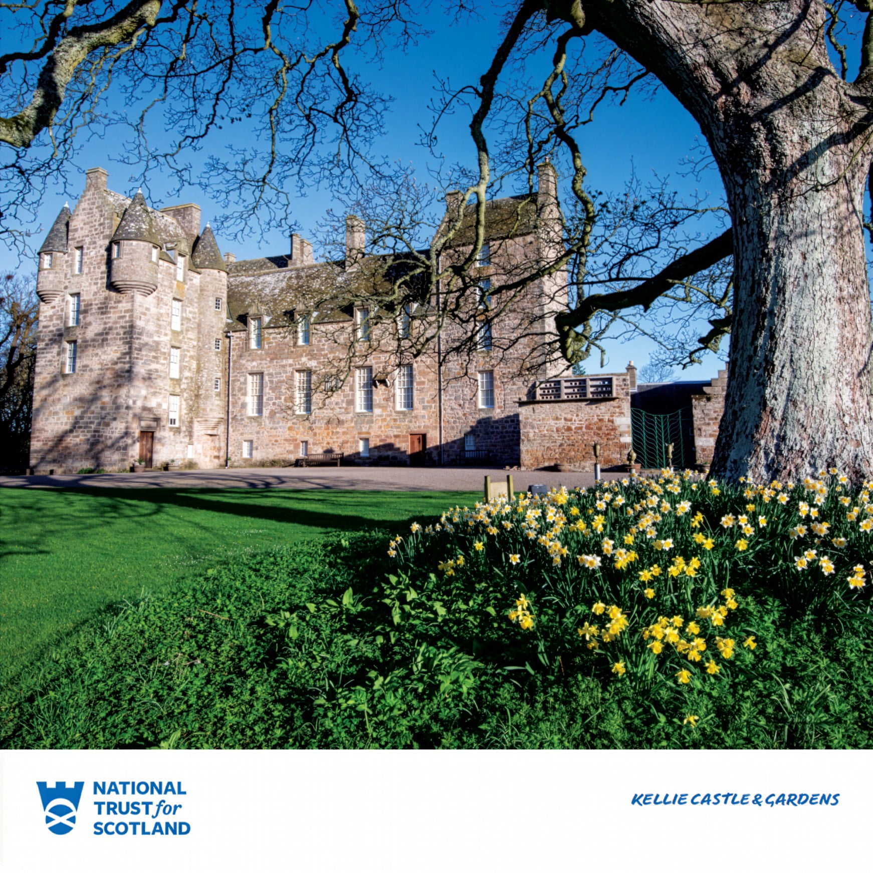 Kelie Castle with gardens and flowers, featuring the National Trust for Scotland logo.