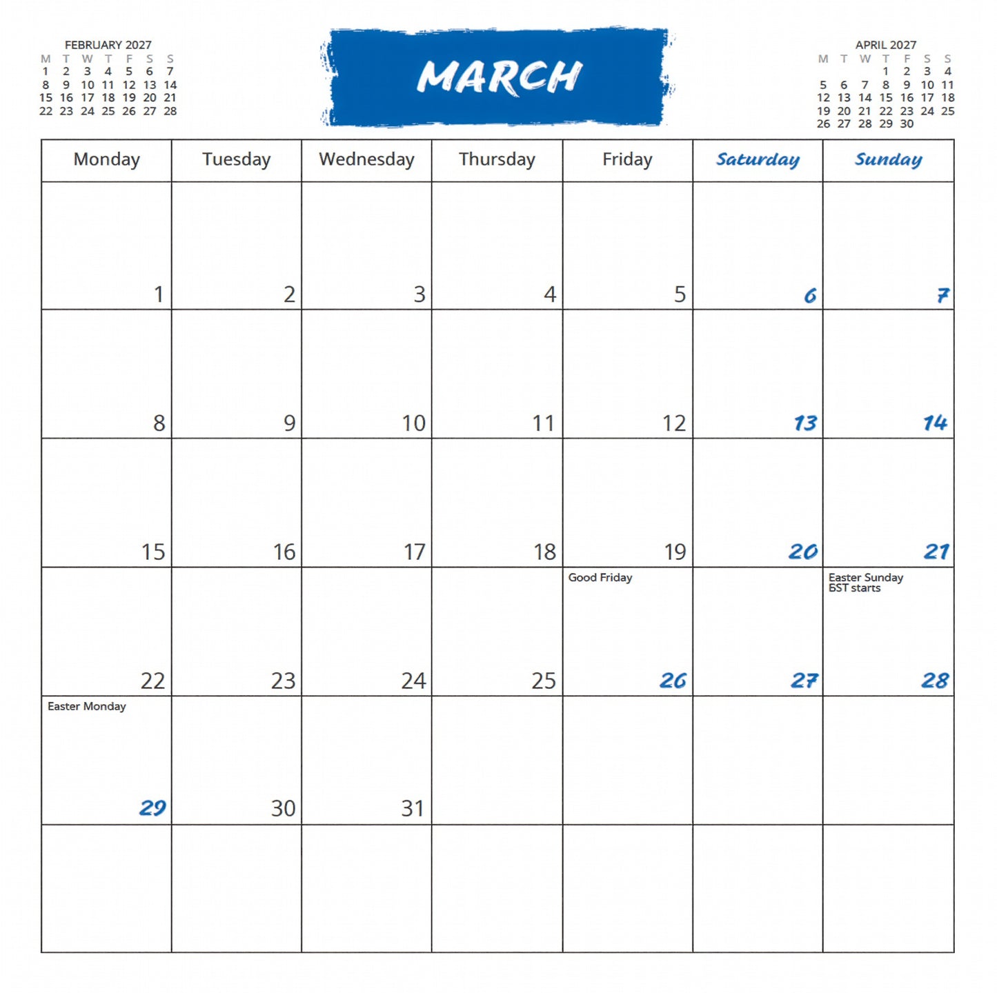 Calendar for March 2027 with blue highlights on certain dates