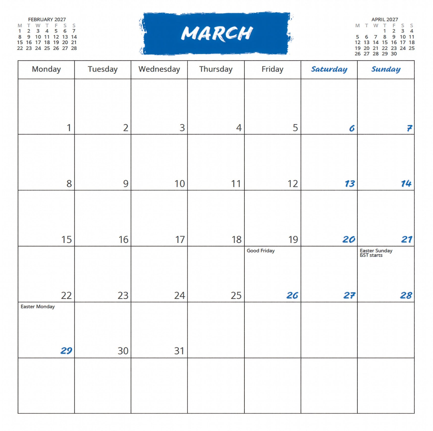 Calendar for March 2027 with blue highlights on certain dates
