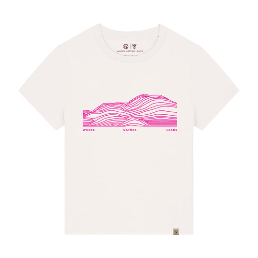 Women's Ben Lomond t-shirt front view in off-white featuring Scottish Munro mountain design