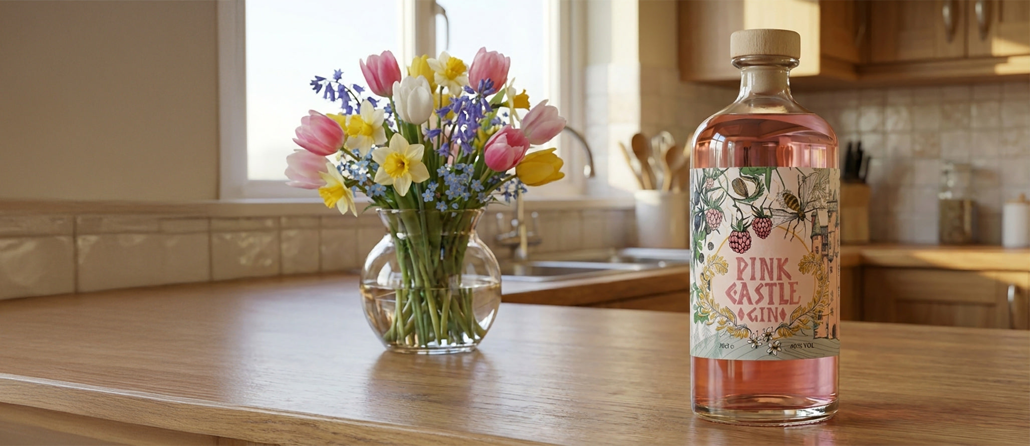 Pink Castle Gin on a kitchen work top with a vase of Spring flowers in a round vase.