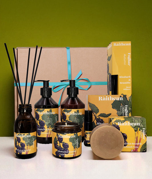 Collection of Raithean Autumn Bath & Body Works products including candles, diffusers, and boxes on a white surface with a green background.