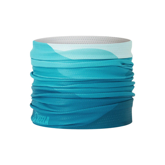 Turquoise neck gaiter with white band on a white background