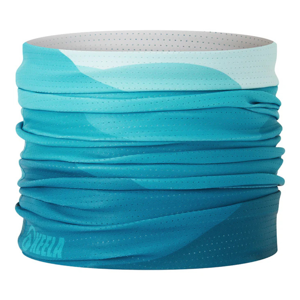 Turquoise neck gaiter with white band on a white background