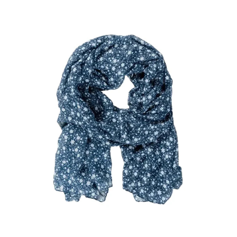 Blue floral patterned scarf on a white background