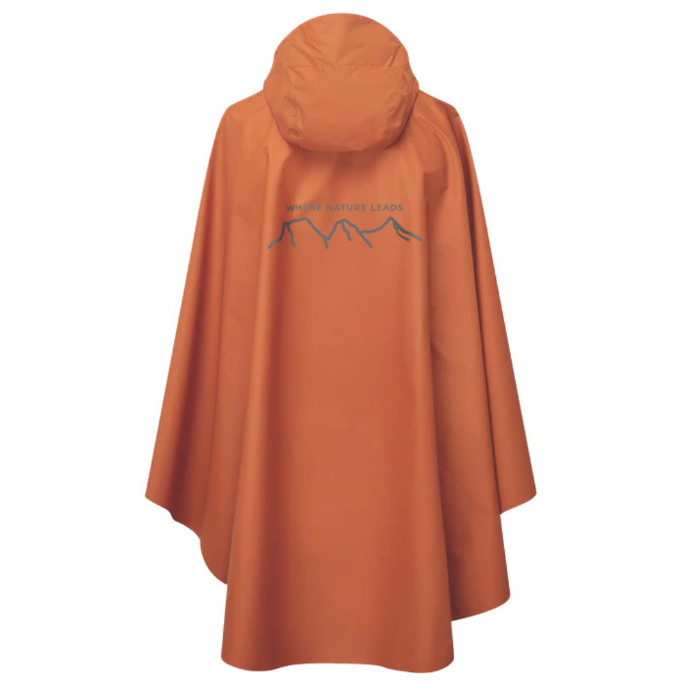 Orange rain cape with a logo on the back against a white background