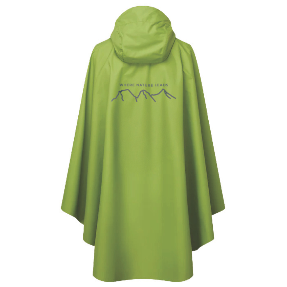 Green rain cape with 'Where Nature Leads' text and mountain design on a white background
