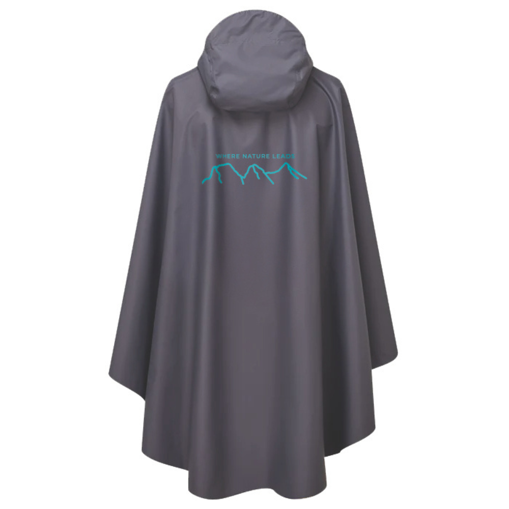 Gray rain cape with a logo on the back against a white background