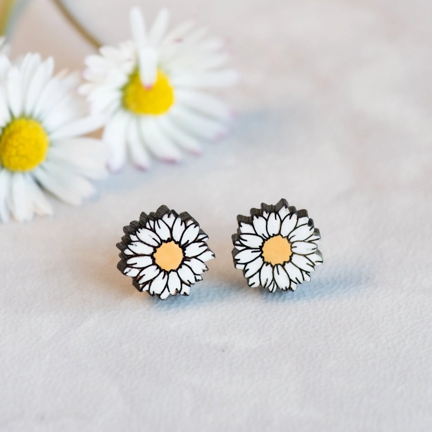 Hand-painted Daisy Flower Wooden Stud Earrings