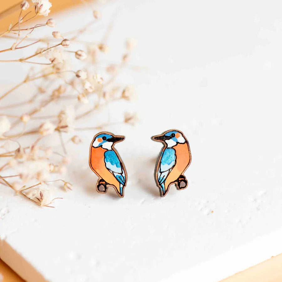 Hand-painted Kingfisher Wooden Stud Earrings