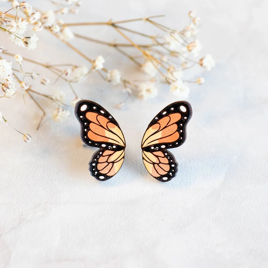 Hand Painted Monarch Butterfly Cherry Wood Stud Earrings