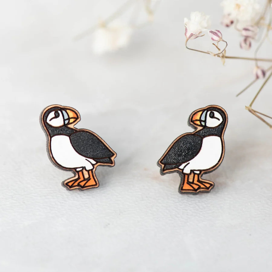 Hand-painted Puffin Bird Earrings Wooden Studs