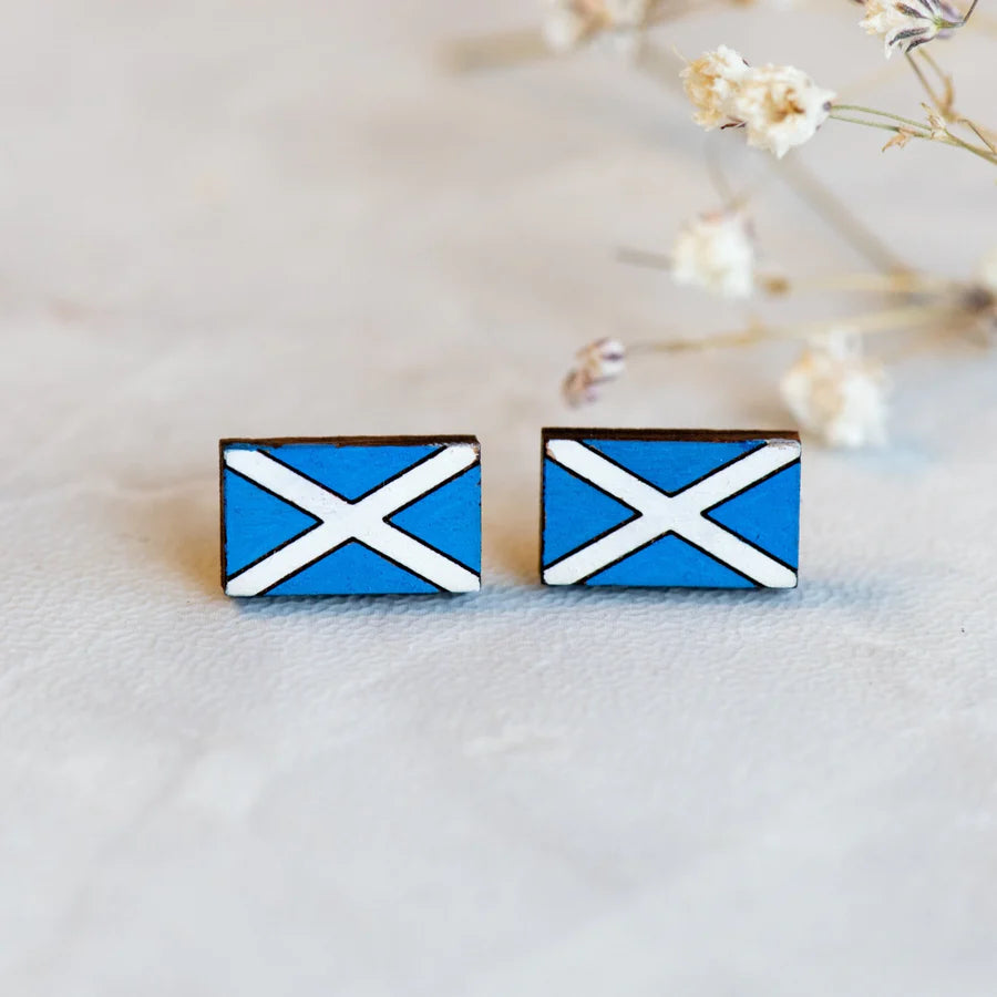 Hand-painted Scotland Flag Cherry Wood Stud Earrings