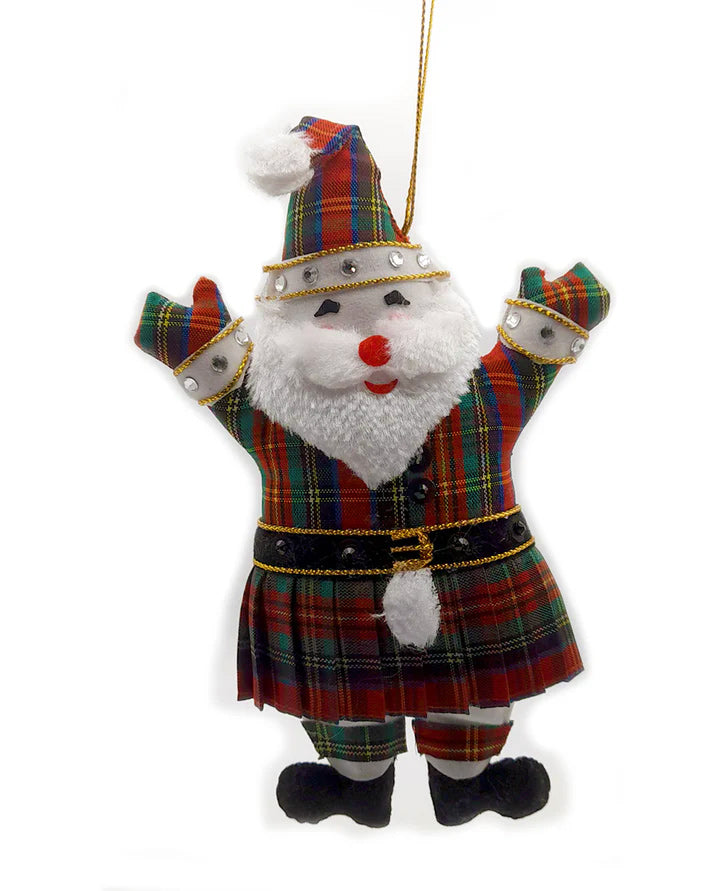 Decorative ornament resembling a Santa Claus figure in a tartan kilt on a white background