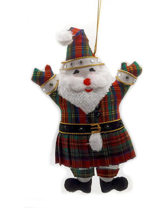 Decorative ornament resembling a Santa Claus figure in a tartan kilt on a white background