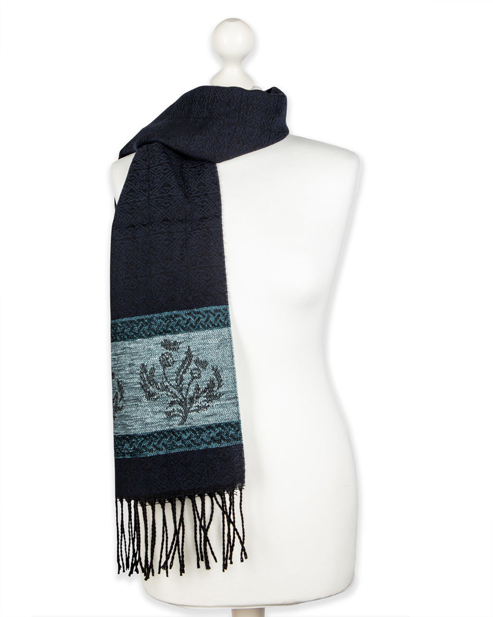 Celtic Scarf in Navy with Thistle Design