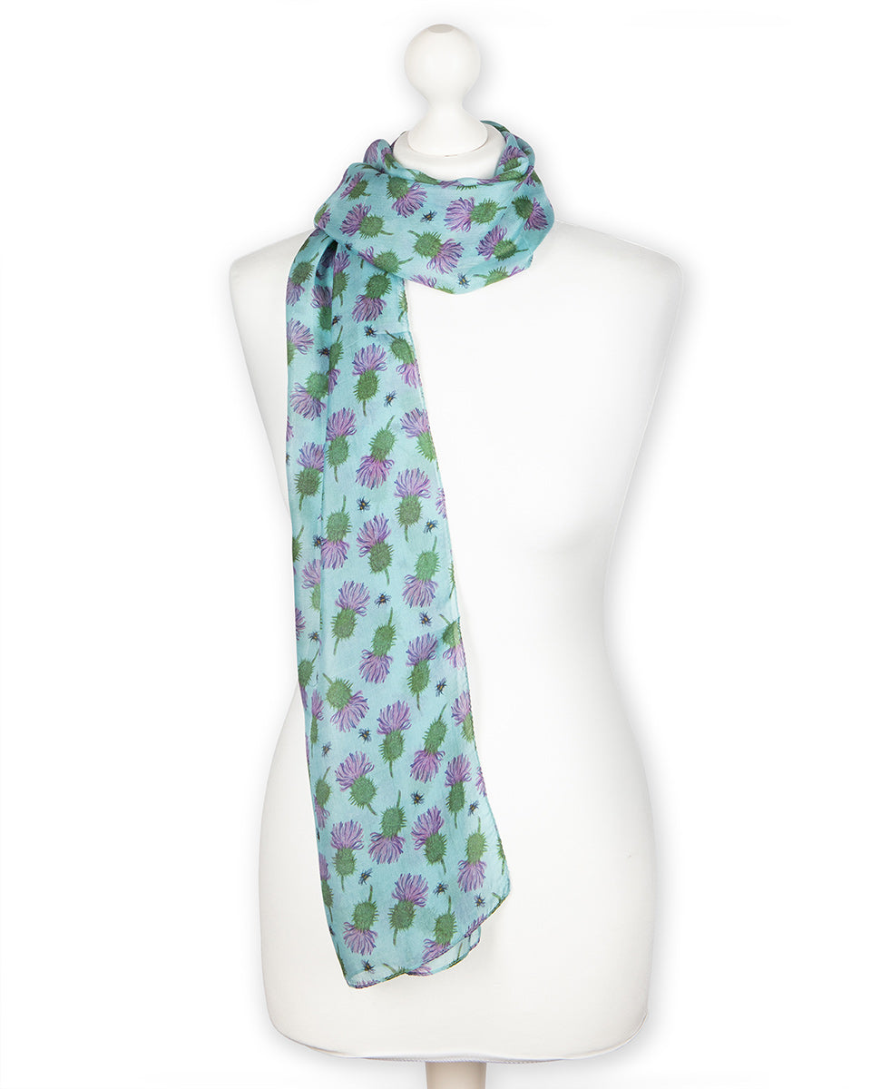 Teal Green Thistle Silk Scarf