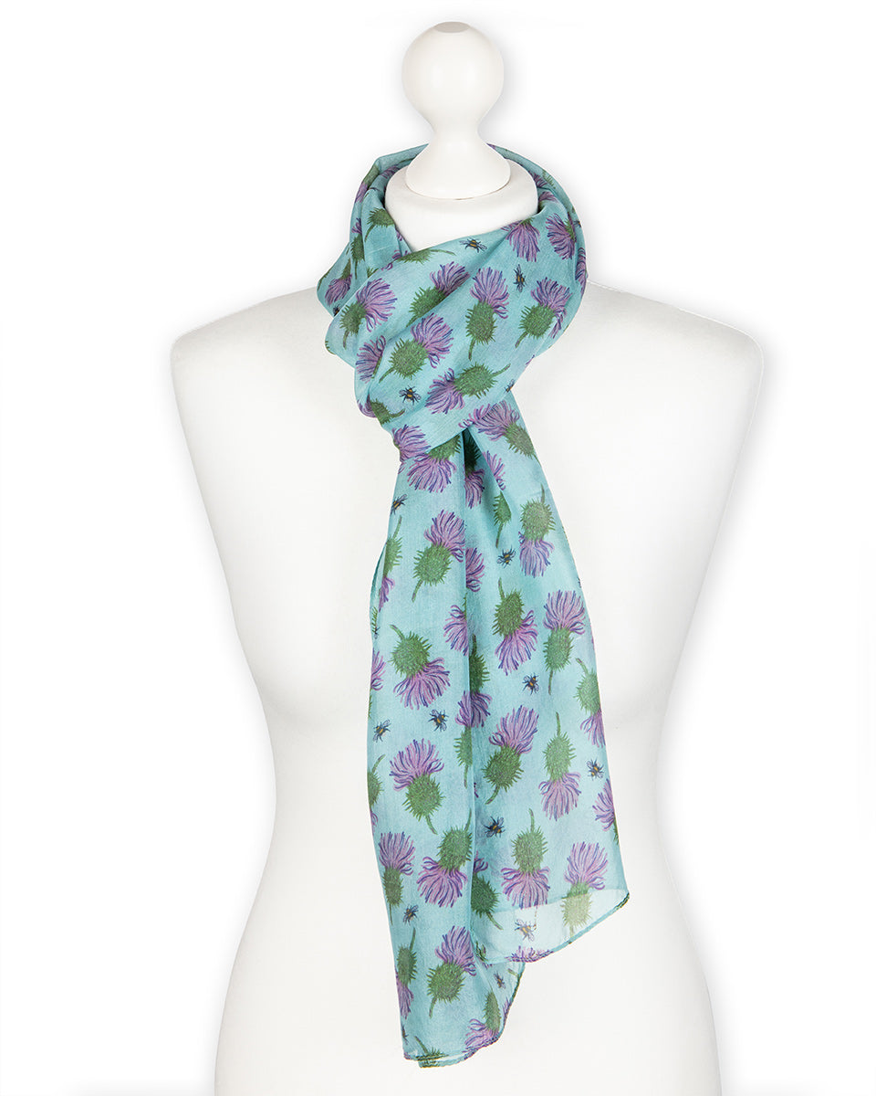 Teal Green Thistle Silk Scarf