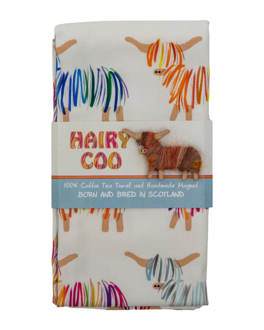 Hairy Coo Highland Cow Tea Towel with Fridge Magnet