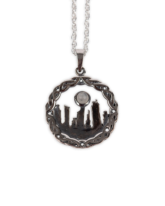 Outlander Inspired Standing Stones Rhodium Plated Pendant Large with Moonstone