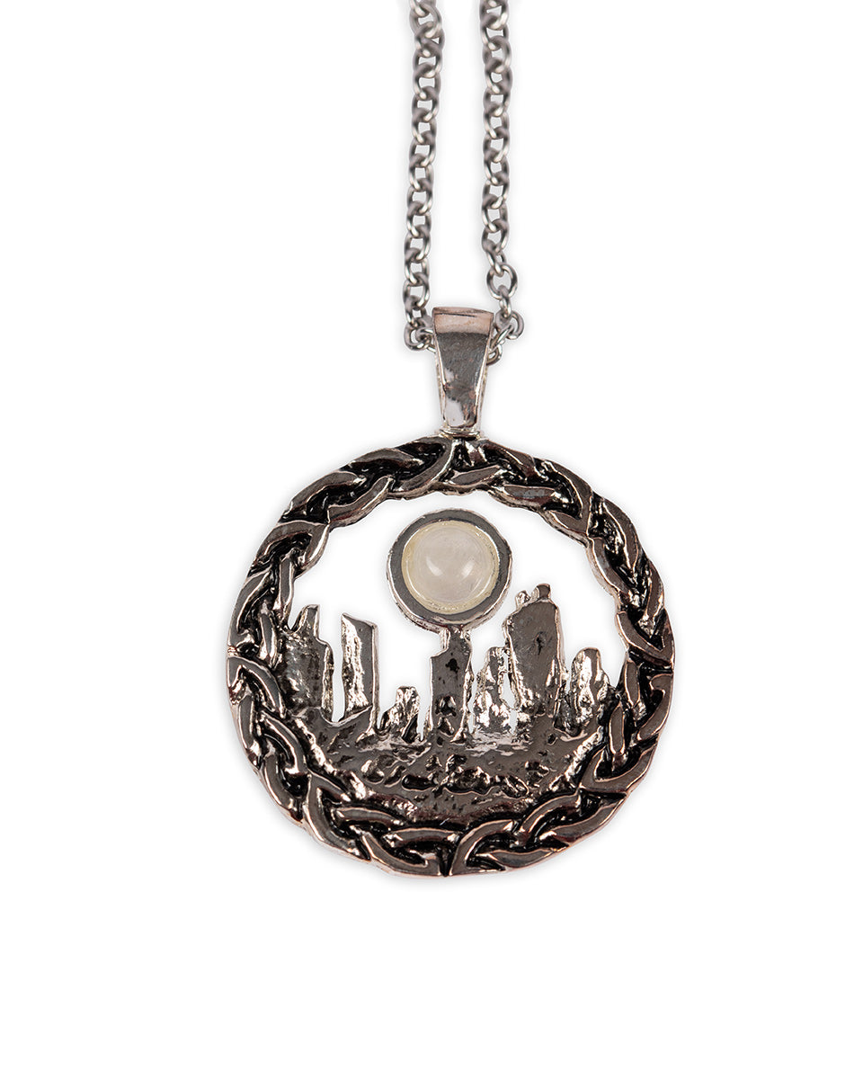 Outlander Inspired Standing Stones Rhodium Plated Pendant Large with Moonstone