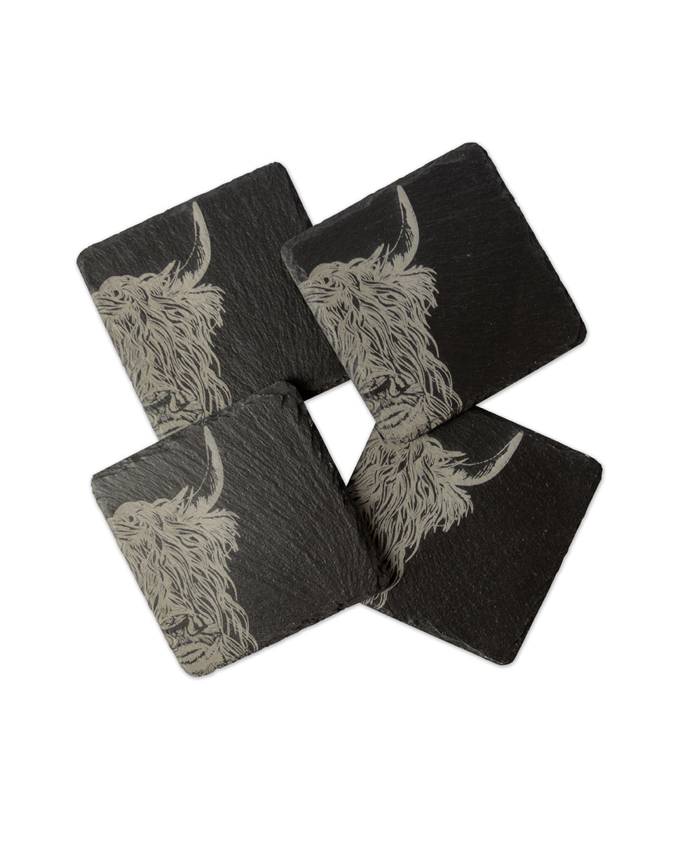 4 Slate Coasters - Highland Cow Design