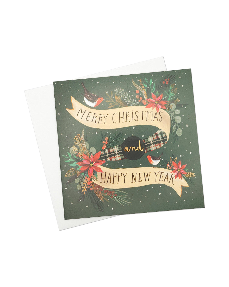 Tartan Ribbon & Robin Christmas Cards Pack of 8