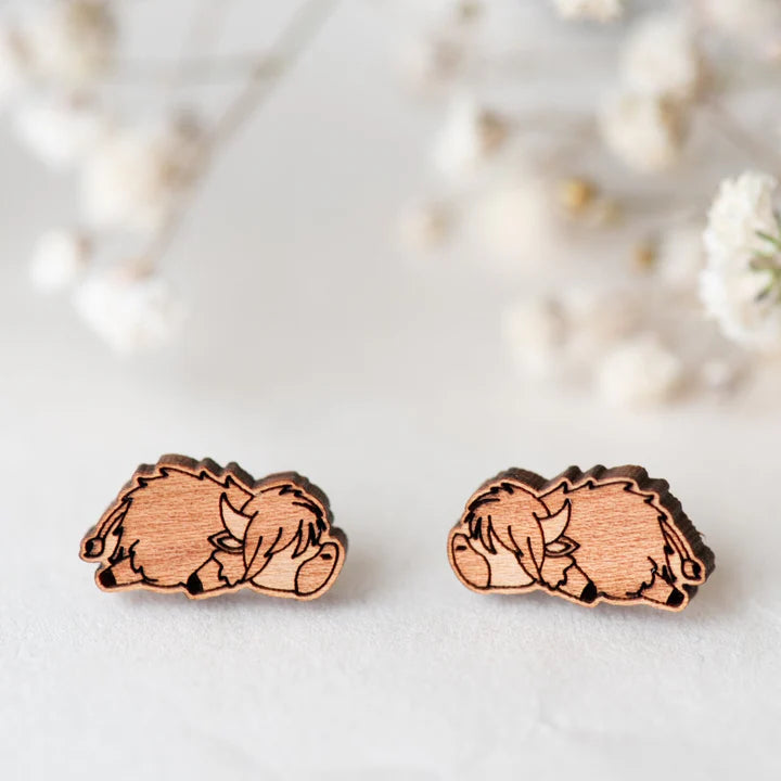 Sleeping Highland Cow Wooden Earrings