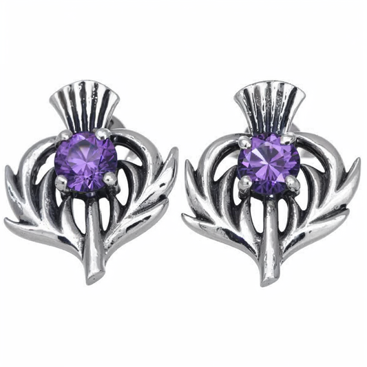 Sterling Silver Amethyst Purple Colour Stone Scottish Thistle Stud Earrings