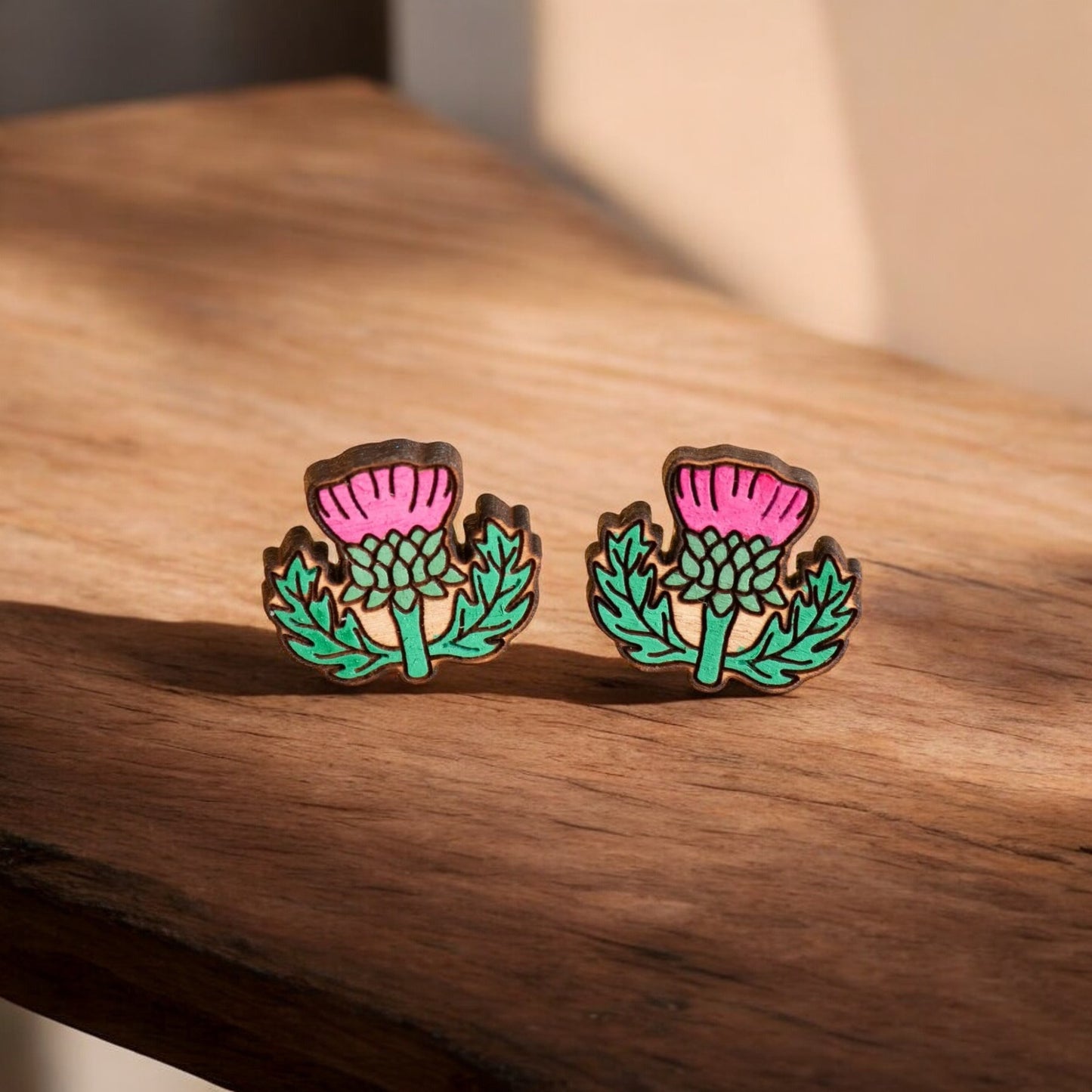 Thistle Flower Cherry Wood Stud Earrings